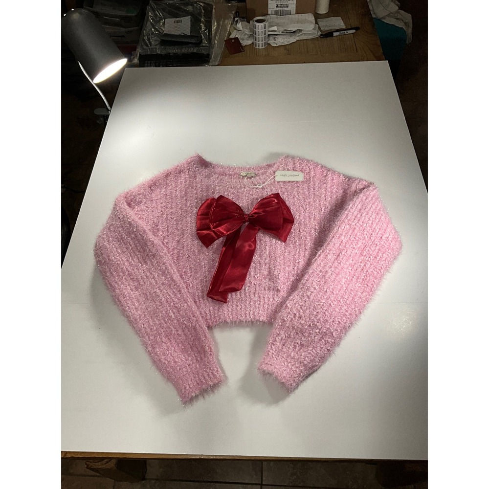 Simply Southern Aurora Pink Fuzzy Knit Sweater Red Bow Cropped XL NEW - Picture 2 of 8